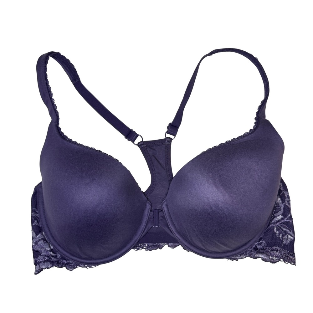 Victoria's Secret Purple Lace Racerback Demi Bra 38D Front-Close Lined Underwire